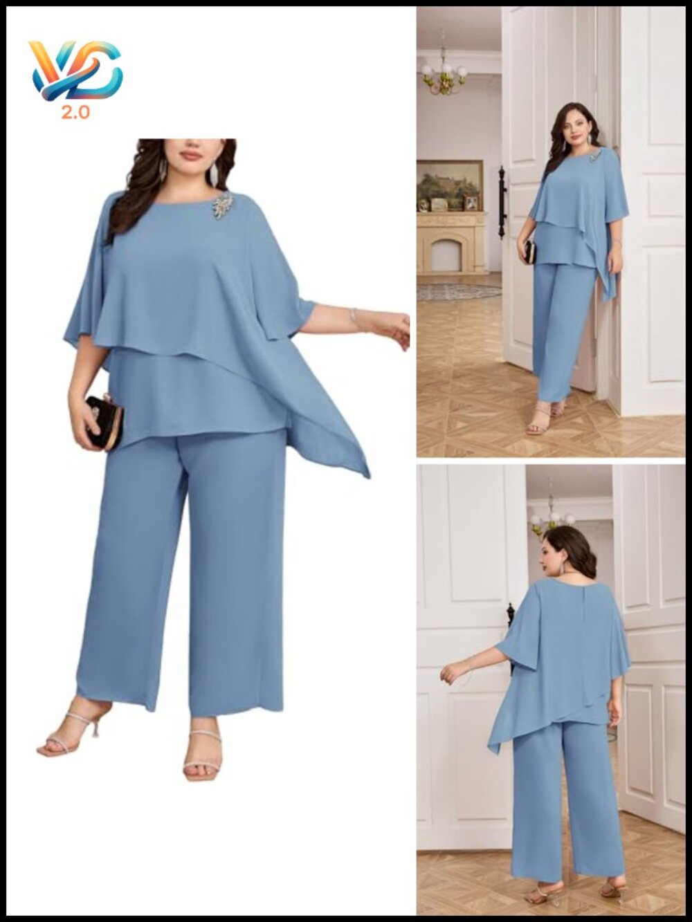 Plus Size Mother of Bride Pant Suit 2 Piece Chiffon Set Ruffle Layers Wedding